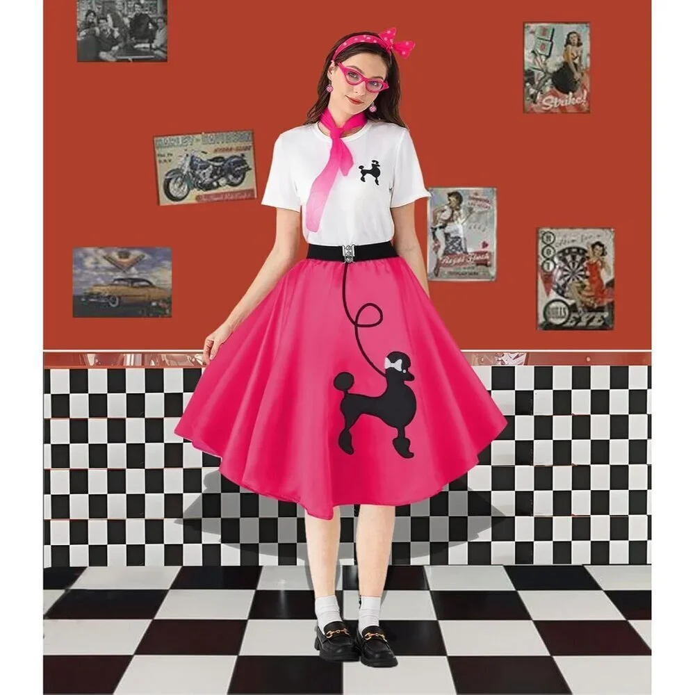 Women 10Pcs 1950s Poodle Skirt Outfit Set Retro Sock Hop Vintage Style
